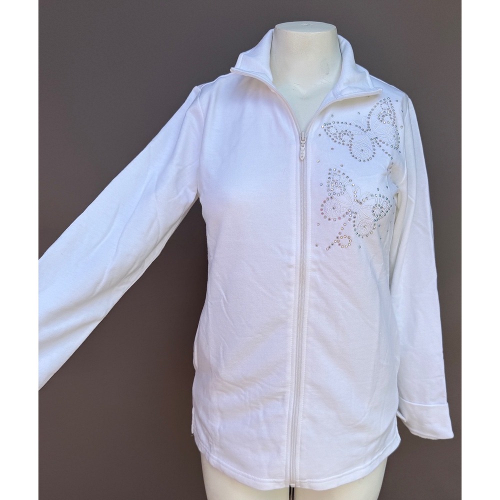 Quacker Factory XS White Rhinestone Butterfly Zip Up Sweatshirt Jacket NWT Fairy